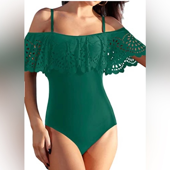 One piece green ruffled bathing suit - Picture 2 of 10